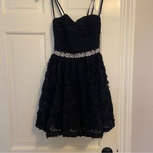 Navy Strapless Homecoming Dress with Embellished Waist and Rosette Detailing